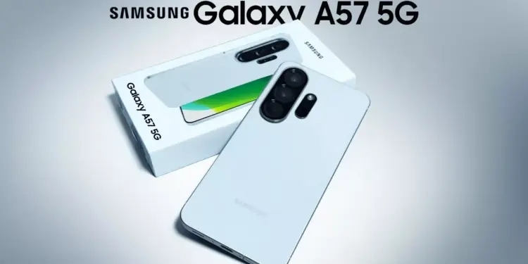 Bocoran tampilan Samsung Galaxy A57 5G warna Awesome White beserta kotak penjualannya.
