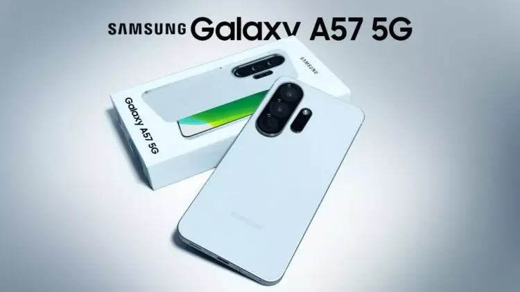 Bocoran tampilan Samsung Galaxy A57 5G warna Awesome White beserta kotak penjualannya.