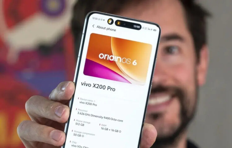 Menu Pengaturan About Phone Vivo X200 Pro yang menampilkan logo OriginOS 6 dan prosesor Dimensity 9400.