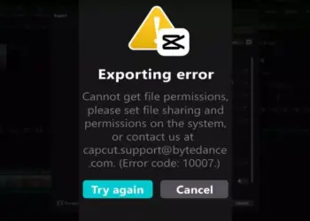 Notifikasi pesan kesalahan Exporting error dengan kode 10007 pada aplikasi CapCut.