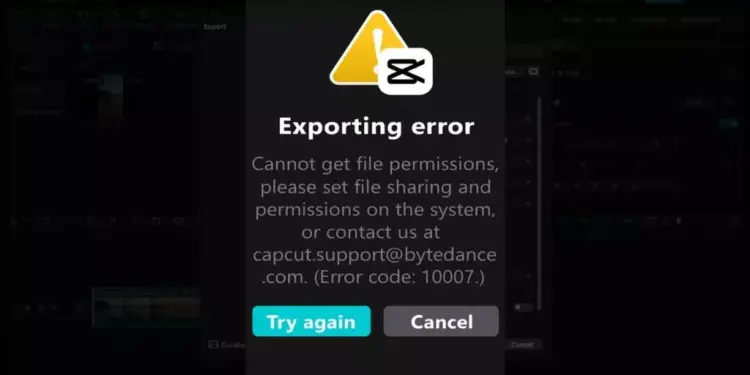 Notifikasi pesan kesalahan Exporting error dengan kode 10007 pada aplikasi CapCut.