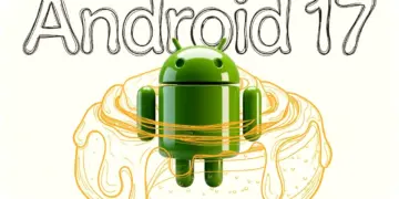 Logo Android 17 dengan latar belakang ilustrasi kue Cinnamon Roll yang melambangkan kode nama internal sistem operasi terbaru Google.