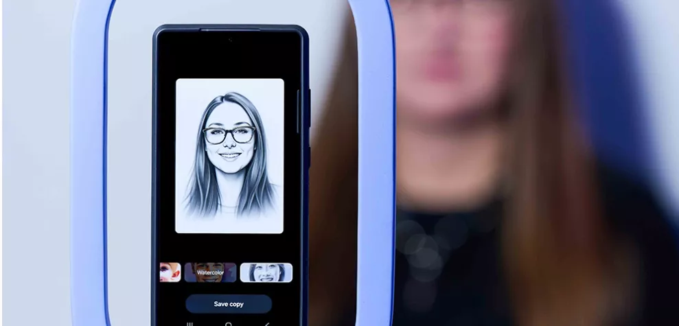 Fitur Sketch to Image pada Galaxy AI yang mengubah sketsa wajah kasar menjadi ilustrasi potret digital yang artistik dan nyata.