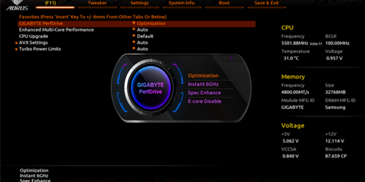 Tampilan menu Advanced Mode pada BIOS GIGABYTE yang menunjukkan fitur GIGABYTE PerfDrive untuk optimasi performa prosesor.