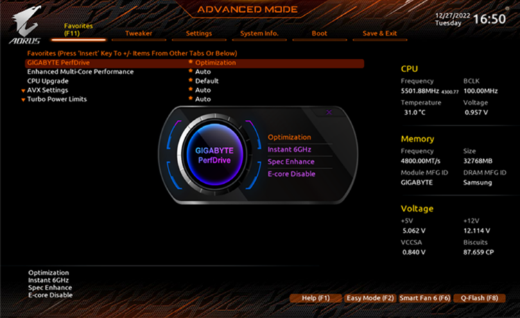Tampilan menu Advanced Mode pada BIOS GIGABYTE yang menunjukkan fitur GIGABYTE PerfDrive untuk optimasi performa prosesor.