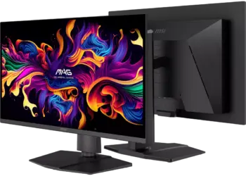 Tampilan depan monitor gaming MSI MPG QD-OLED 32 inci dengan resolusi 4K UHD dan refresh rate 240Hz.