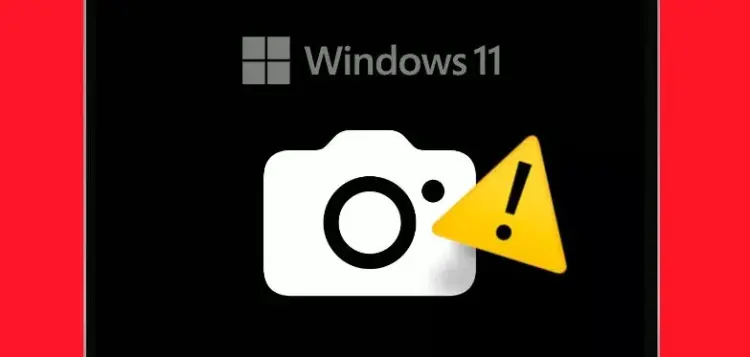 Ikon kamera dengan tanda seru kuning pada latar belakang Windows 11 untuk ilustrasi Tes Kamera di Windows 11 yang bermasalah.