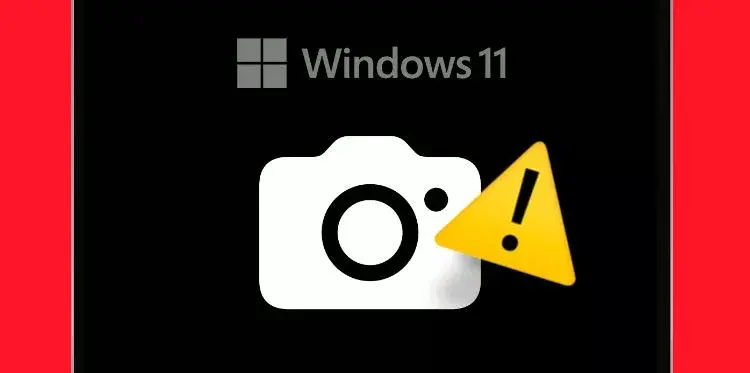 Ikon kamera dengan tanda seru kuning pada latar belakang Windows 11 untuk ilustrasi Tes Kamera di Windows 11 yang bermasalah.