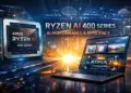 Poster promosi AMD Ryzen AI 400 Series yang menunjukkan performa dan efisiensi AI pada perangkat laptop modern Copilot+ PC.