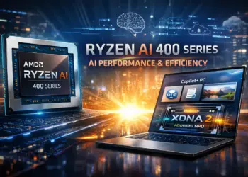 Poster promosi AMD Ryzen AI 400 Series yang menunjukkan performa dan efisiensi AI pada perangkat laptop modern Copilot+ PC.