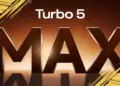 Logo Turbo 5 MAX dengan tipografi emas yang melambangkan performa flagship.