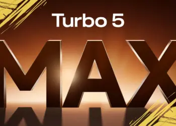 Logo Turbo 5 MAX dengan tipografi emas yang melambangkan performa flagship.