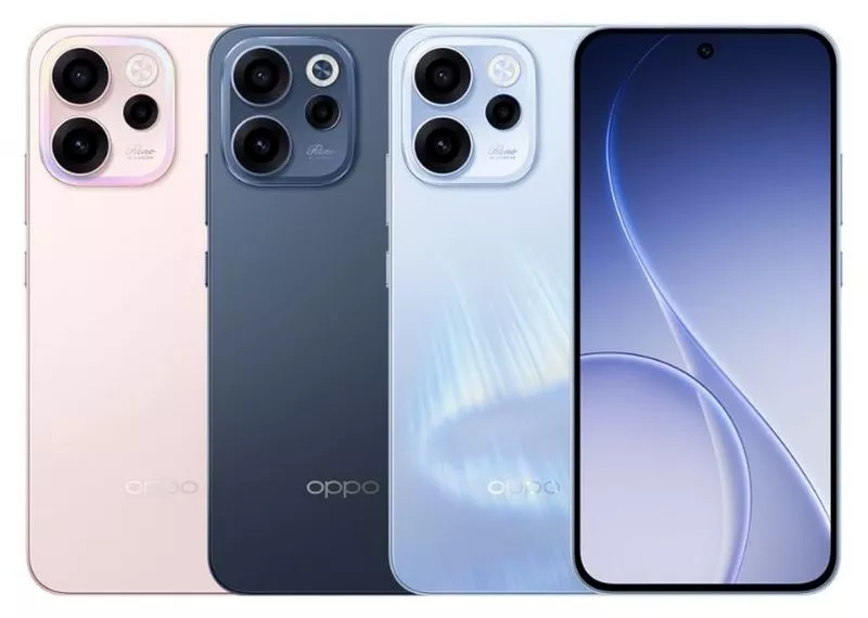 Deretan varian warna OPPO Reno 15 termasuk Blue, Grey, dan Pink beserta tampilan layar depan.