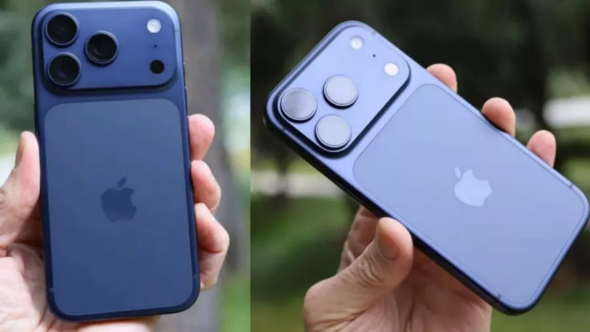 Render iPhone 18 Pro Max warna biru gelap di tangan pengguna menunjukkan desain kamera super fleksibel.