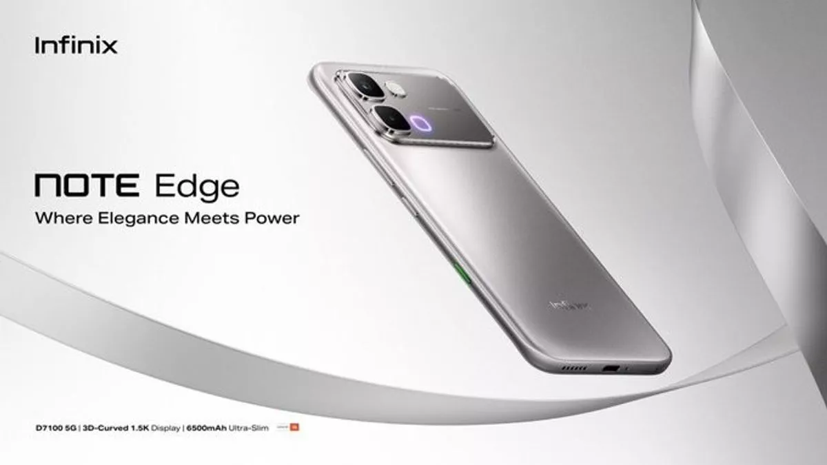 Desain bodi belakang Infinix NOTE Edge warna silver yang elegan dengan modul kamera modern dan tulisan "Where Elegance Meets Power".