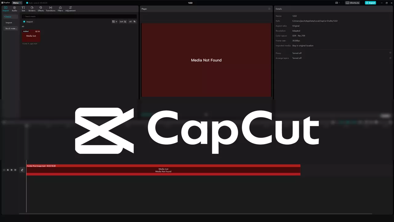 Tampilan layar CapCut versi desktop menunjukkan error Media Not Found pada timeline editing.