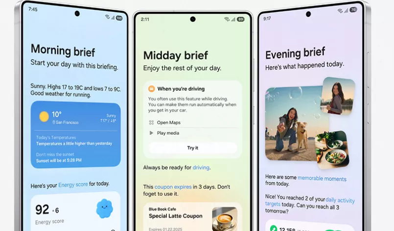 Tampilan fitur Morning Brief, Midday Brief, dan Evening Brief yang didukung Galaxy AI untuk meningkatkan produktivitas harian pengguna.