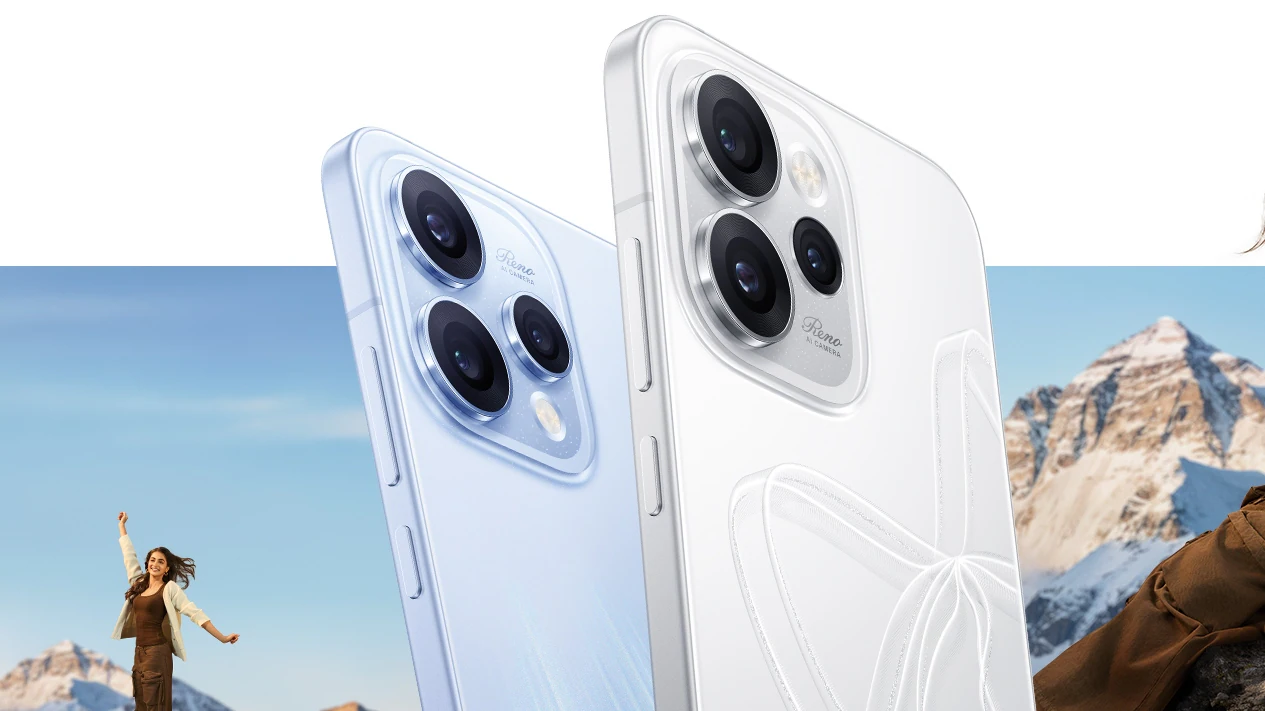 Render resmi OPPO Reno 15 Pro Mini dalam varian warna putih mutiara dan biru langit yang menawan.