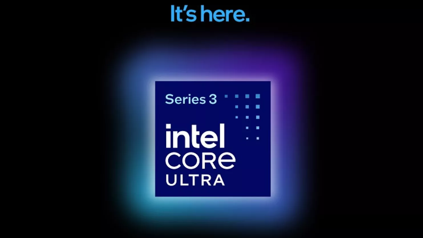 Logo resmi Intel Core Ultra Series 3 dengan latar belakang cahaya aura berwarna biru dan ungu.