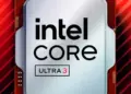 Tampilan close-up unit prosesor Intel Core Ultra 3 dengan latar belakang garis-garis merah dinamis.