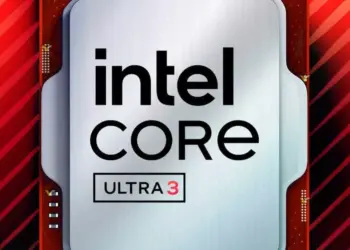 Tampilan close-up unit prosesor Intel Core Ultra 3 dengan latar belakang garis-garis merah dinamis.