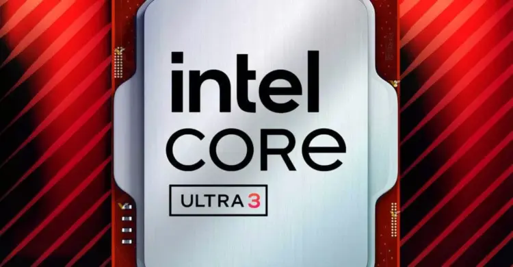 Tampilan close-up unit prosesor Intel Core Ultra 3 dengan latar belakang garis-garis merah dinamis.