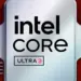 Tampilan close-up unit prosesor Intel Core Ultra 3 dengan latar belakang garis-garis merah dinamis.