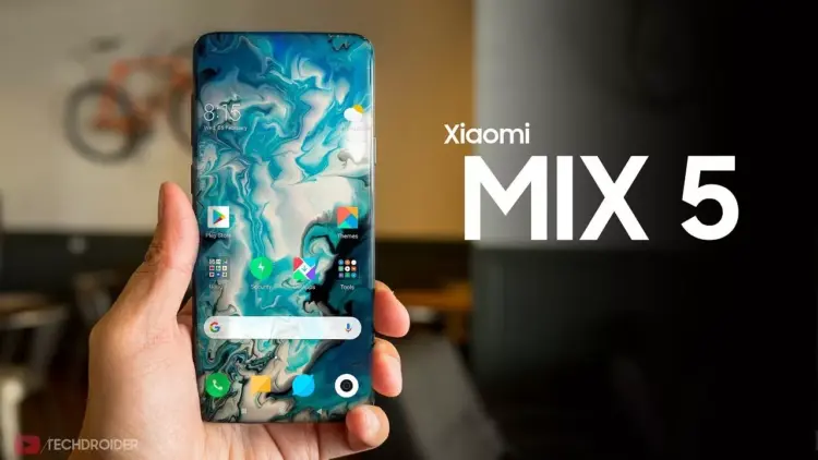 Render Xiaomi MIX 5 yang menunjukkan sisi depan dan belakang ponsel secara bersamaan.