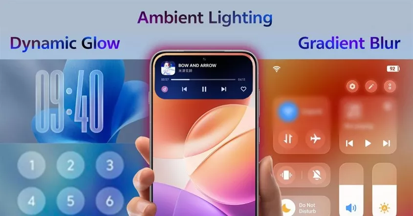 Demonstrasi fitur Ambient Lighting, Dynamic Glow, dan Gradient Blur pada sistem operasi OriginOS 6.