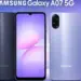 Jajaran varian warna Samsung Galaxy A07 5G, hitam dan ungu, dengan teks nama produk di atasnya.