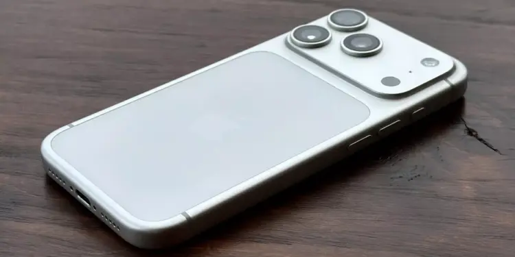 Detail bodi belakang iPhone 18 Pro Max warna putih perak di atas permukaan kayu, menonjolkan logo Apple dan lensa kamera.