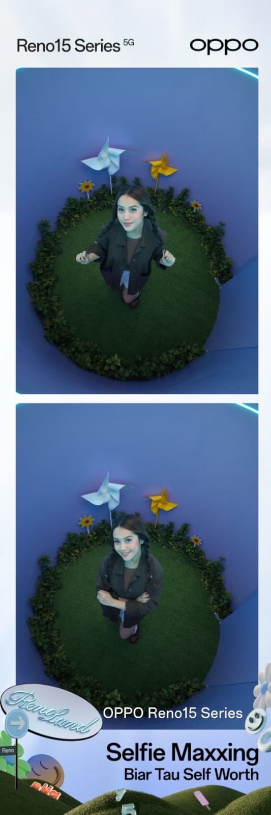 Hasil foto sudut pandang unik dari atas menggunakan fitur Selfie Maxxing pada OPPO Reno15.