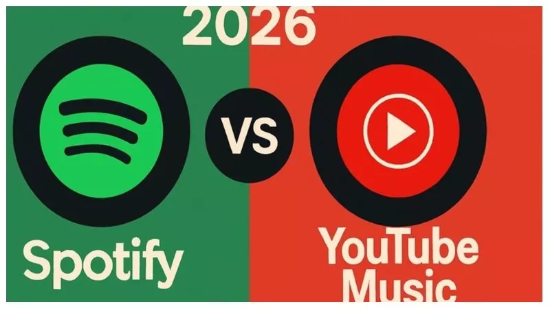 Perbandingan logo Spotify dan YouTube Music dengan teks tahun 2026 di latar belakang merah dan hijau.