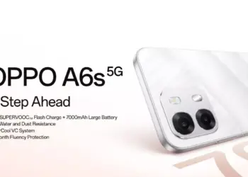 Poster fitur utama OPPO A6s 5G yang menampilkan pengisian daya 80W SUPERVOOC, baterai 7000mAh, dan sertifikasi IP69.