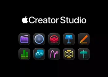 Logo Apple Creator Studio dengan deretan 10 ikon aplikasi kreatif berwarna-warni di latar belakang hitam.