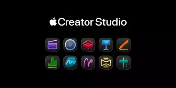 Logo Apple Creator Studio dengan deretan 10 ikon aplikasi kreatif berwarna-warni di latar belakang hitam.