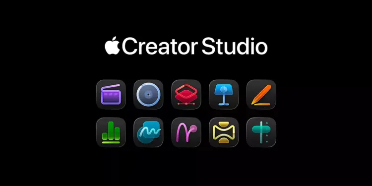 Logo Apple Creator Studio dengan deretan 10 ikon aplikasi kreatif berwarna-warni di latar belakang hitam.
