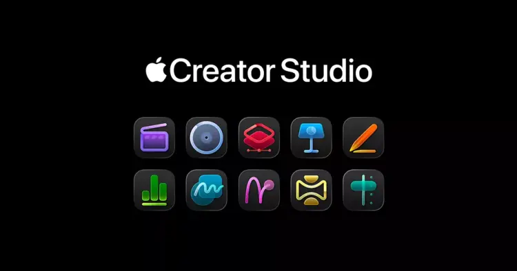 Logo Apple Creator Studio dengan deretan 10 ikon aplikasi kreatif berwarna-warni di latar belakang hitam.