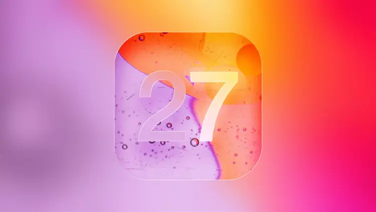 Ilustrasi logo kamera putih dengan latar belakang hitam dan logo Windows 11 di bagian atas sebagai simbol antarmuka sistem operasi untuk update iOS 27.