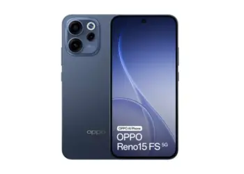 Desain depan dan belakang Oppo Reno 15 FS warna biru gelap dengan layar punch-hole dan modul kamera melingkar.