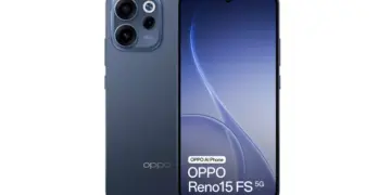 Desain depan dan belakang Oppo Reno 15 FS warna biru gelap dengan layar punch-hole dan modul kamera melingkar.