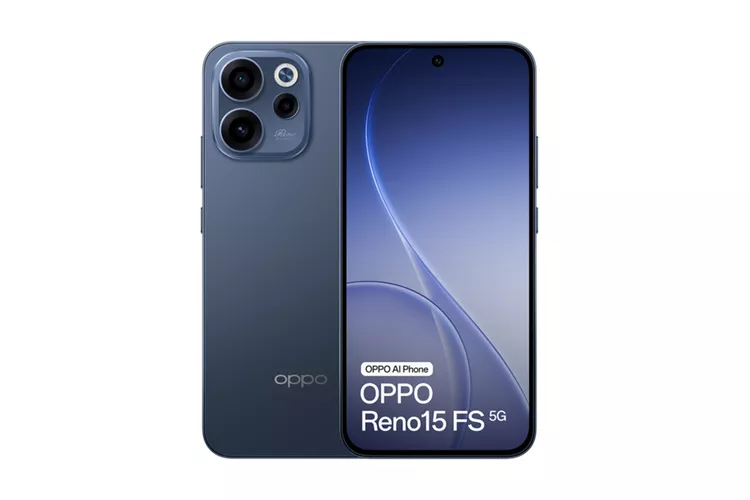 Desain depan dan belakang Oppo Reno 15 FS warna biru gelap dengan layar punch-hole dan modul kamera melingkar.