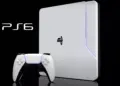 Konsep desain PlayStation 6 berwarna putih minimalis dengan lampu LED biru di sisi depan.