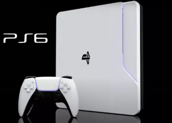 Konsep desain PlayStation 6 berwarna putih minimalis dengan lampu LED biru di sisi depan.