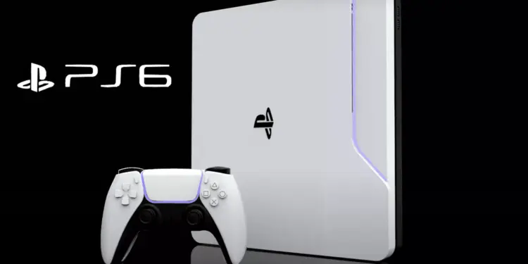 Konsep desain PlayStation 6 berwarna putih minimalis dengan lampu LED biru di sisi depan.
