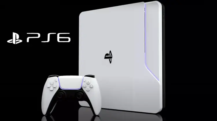 Konsep desain PlayStation 6 berwarna putih minimalis dengan lampu LED biru di sisi depan.