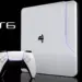 Konsep desain PlayStation 6 berwarna putih minimalis dengan lampu LED biru di sisi depan.
