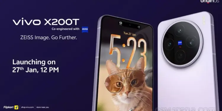 Poster resmi peluncuran Vivo X200T yang bekerja sama dengan ZEISS, menampilkan desain layar punch-hole dan kamera belakang melingkar yang ikonik.