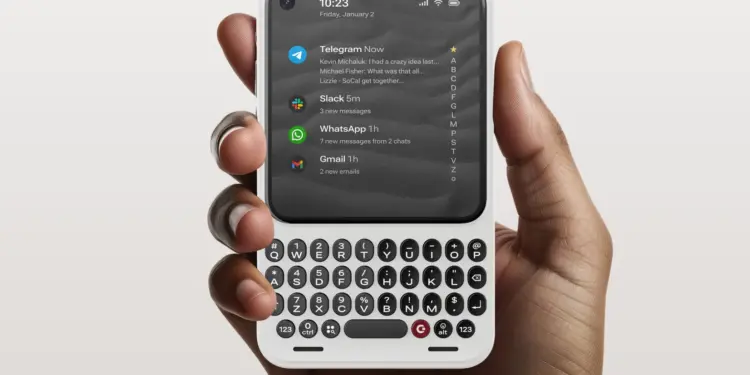 Smartphone menarik dengan desain retro yang memiliki keyboard QWERTY fisik dan layar sentuh modern menampilkan notifikasi aplikasi.