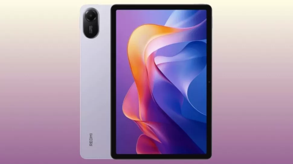 Tampilan depan dan belakang tablet Redmi Pad dengan layar lebar dan desain kamera minimalis.